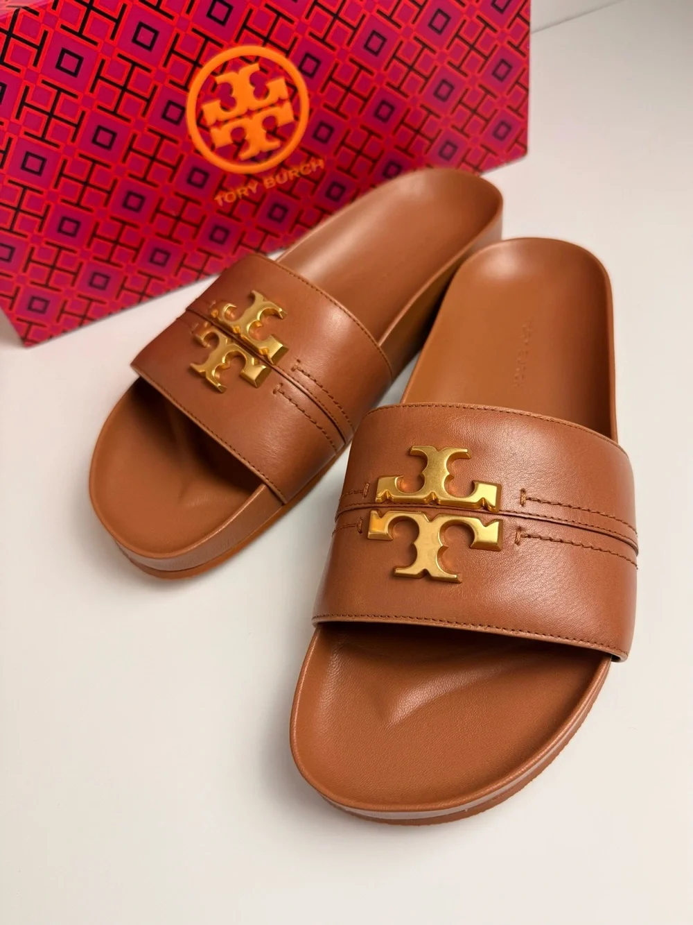 Tory Burch Everly Anatomic Cloud Slide Sandals Ambra Brown Leather Gold Logo 8